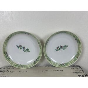 Set of 2 Large Ceramic Serving Bowls Green Floral Pattern